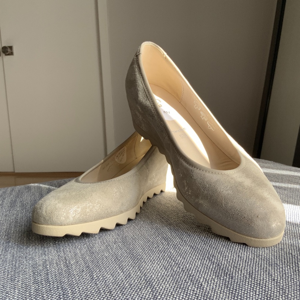 Silver Suede Slip On Wedge Pump Shoes - Size 8